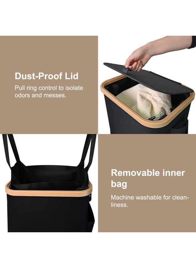 MASHDE Laundry Hamper with 4 Wheels & Removable Bag - 100L Large Capacity Collapsible Clothes Basket for Small Spaces, Heavy-Duty Storage Organizer with Side Pockets (Black) - Image 3
