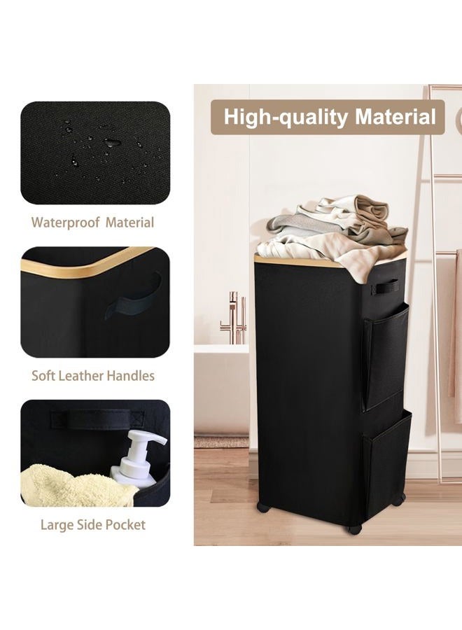 MASHDE Laundry Hamper with 4 Wheels & Removable Bag - 100L Large Capacity Collapsible Clothes Basket for Small Spaces, Heavy-Duty Storage Organizer with Side Pockets (Black) - Image 4