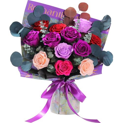 Lovenfold Flowers for Delivery Birthday Flowers Gift for Her,Preserved Flowers Bouquet 12 Roses Mixed Bouquet,Rose Gifts for Women Mom Grandma(Mixed 12 Purple-A Roses) - Image 1