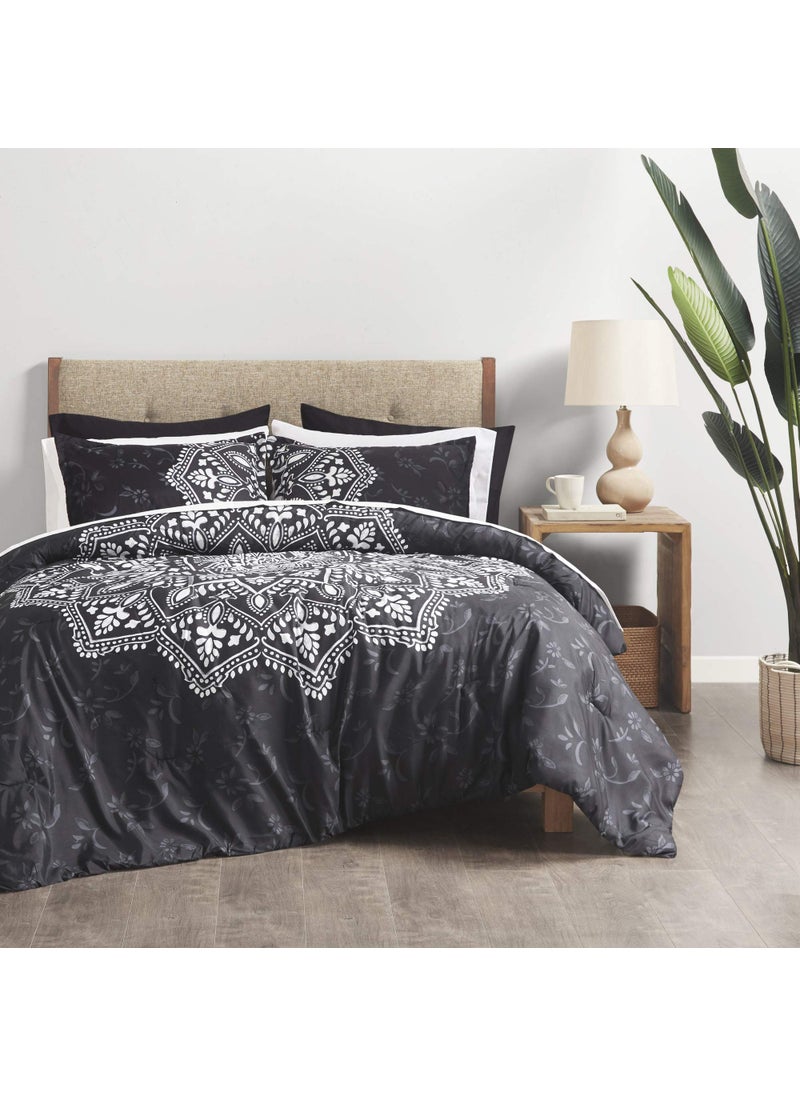 Comfort Spaces Comfort Spaces Bed in A Bag  Trendy Casual Design Cozy Comforter with Complete Sheet Set with Side Pocket All Season Cover Matching Shams King104x90 Ava Medallion Black 9 Piece 