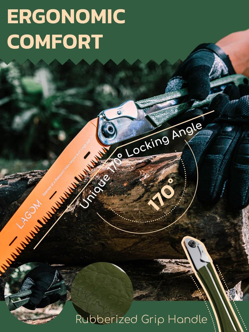 Lagom Folding Camp Saw For Cutting Branches  11.4"" Straight Blade | Sk5 Steel  Ergonomic Handle  One-Hand Use  Secure Lock | Foldable Pruning Tool For Camping  Gardening  Survival  Kayaking  Outdoors - Image 5