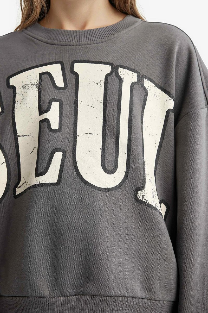 DeFacto Grey Girl Girl Printed Sweatshirt Sweatpants 2 Piece Set Casual - Image 4