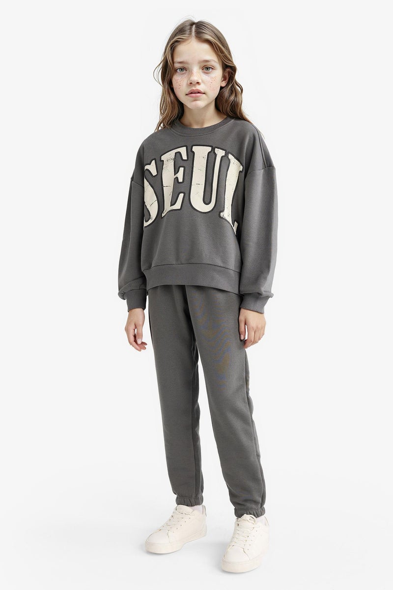 DeFacto Grey Girl Girl Printed Sweatshirt Sweatpants 2 Piece Set Casual - Image 1