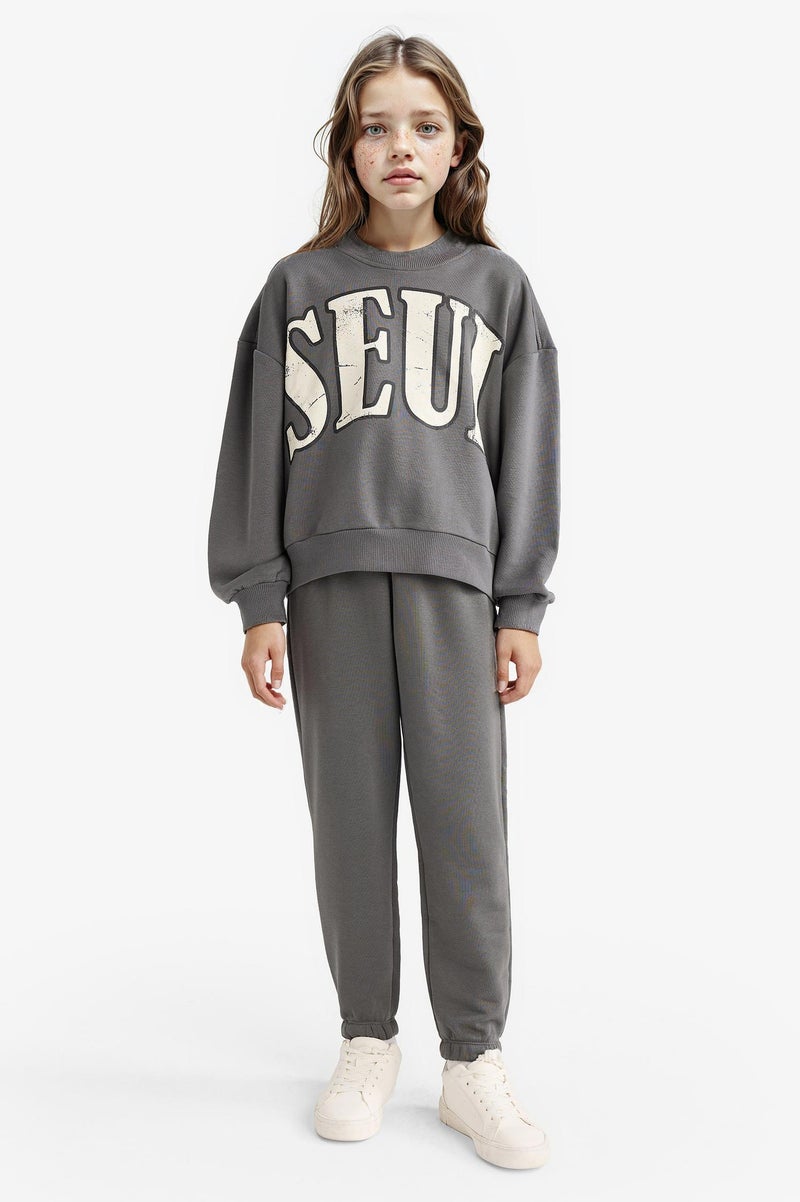 DeFacto Grey Girl Girl Printed Sweatshirt Sweatpants 2 Piece Set Casual - Image 2