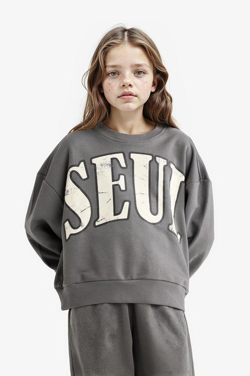 DeFacto Grey Girl Girl Printed Sweatshirt Sweatpants 2 Piece Set Casual - Image 3
