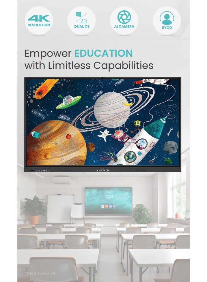 Aztech 86 Inch 4K Interactive Smart Board Display, Android 14 Digital Whiteboard with 40 Point Touch Screen, Octa Core A55 Processor, 8GB RAM 128GB Storage, 48MP AI Camera, WiFi 6 Screen Share, Built-in 60W Speakers with Subwoofer, Google Play Store, BYOD Wireless Collaboration, Ultra HD 400 Nits LED Panel, Smart Classroom Display, Interactive Meeting Board for Office, School and Conference Room AZ2586-M01 - Image 4