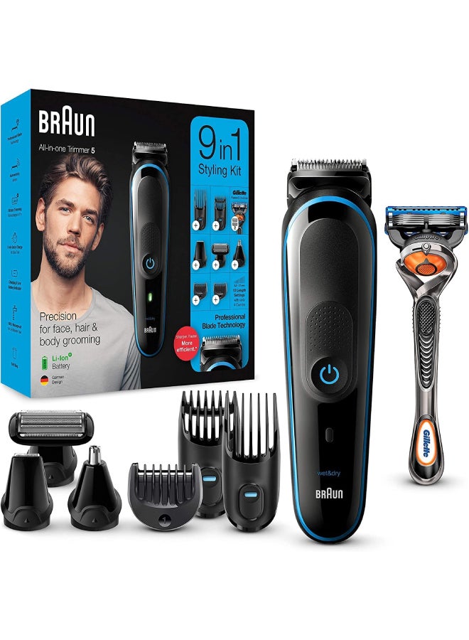 Braun 9 In 1 All-In-One Trimmer 5 Mgk5280 Beard Trimmer For Men, Hair Clipper And Body Groomer With Autosensing Technology And Gillette Proglide Razor, Black & Blue Black - Blue - Image 1