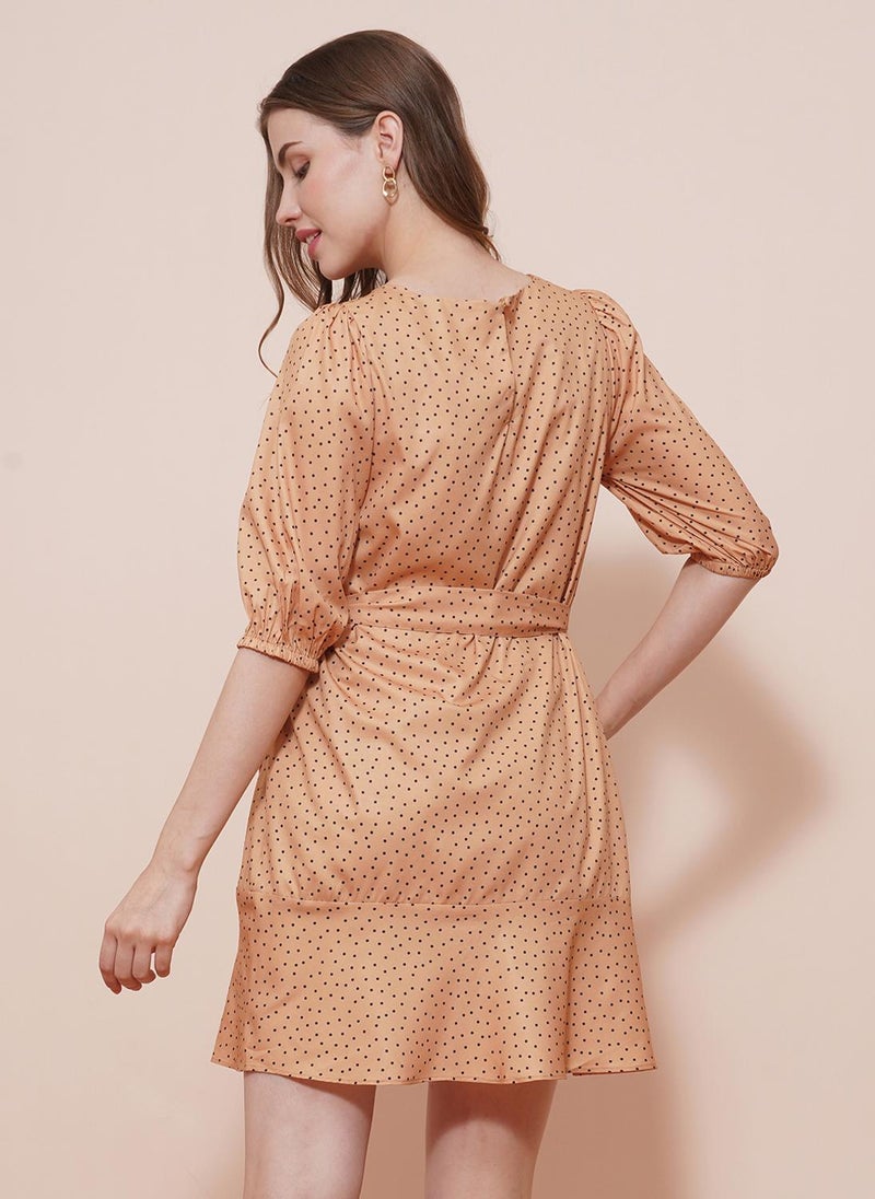 Globus Women's Peach Polka Dots Casual Dress with Round Neck and Puff Sleeves - Image 4