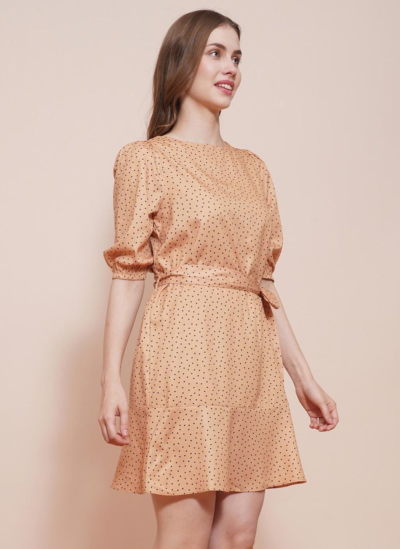 Globus Women's Peach Polka Dots Casual Dress with Round Neck and Puff Sleeves - Image 3