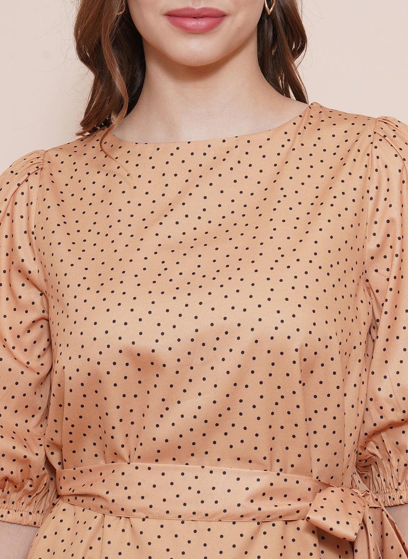 Globus Women's Peach Polka Dots Casual Dress with Round Neck and Puff Sleeves - Image 5