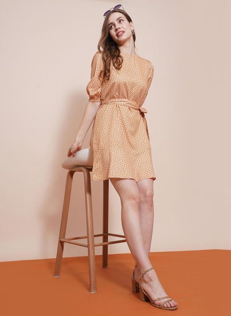Globus Women's Peach Polka Dots Casual Dress with Round Neck and Puff Sleeves - Image 1