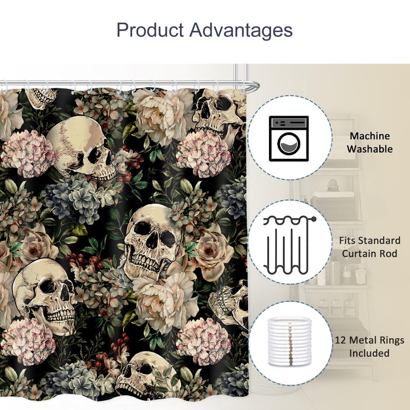 AMBZEK Sugar Skull Shower Curtain 60Wx72L Inch Retro Floral Leaves Gothic Halloween Spooky Skeleton Plant Goth Vintage Artwork Cloth Fabric Waterproof Polyester Bathroom Decor Set with 12 Pack Hooks - Image 2