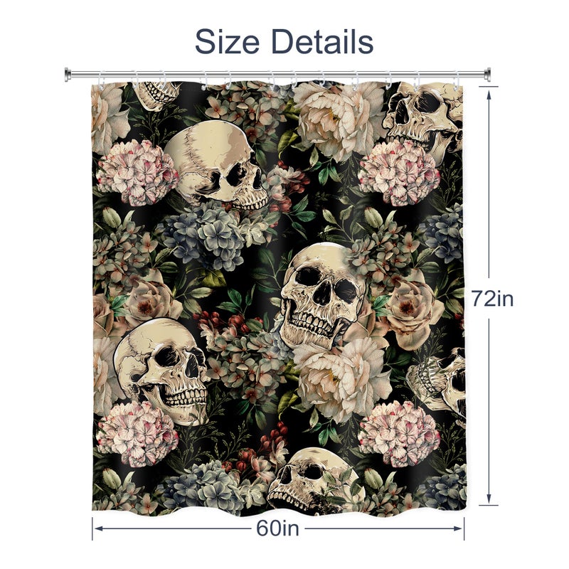 AMBZEK Sugar Skull Shower Curtain 60Wx72L Inch Retro Floral Leaves Gothic Halloween Spooky Skeleton Plant Goth Vintage Artwork Cloth Fabric Waterproof Polyester Bathroom Decor Set with 12 Pack Hooks - Image 4