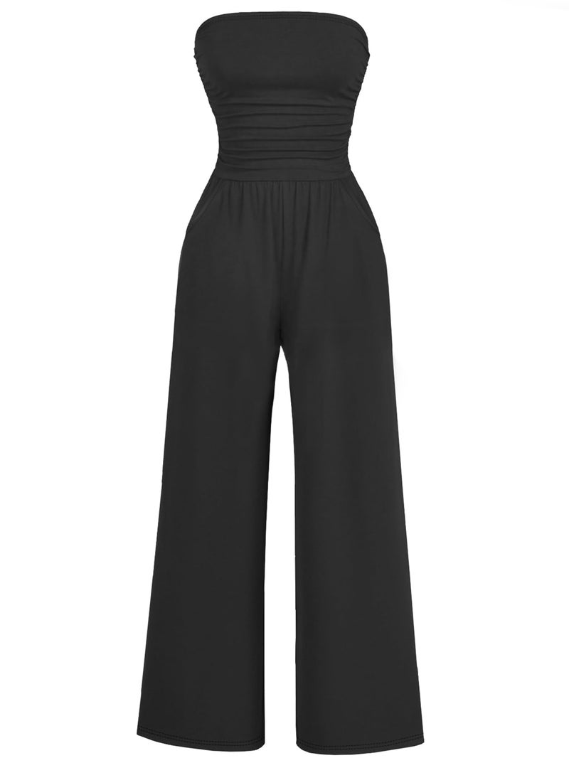 AUXDIO Women's Strapless Off Shoulder Jumpsuit Wide Leg Summer Outfits Sexy Beach Jumpsuits Black S - Image 1