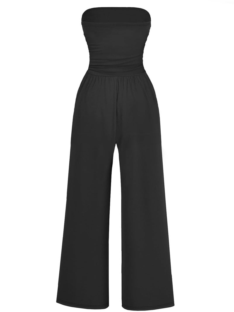 AUXDIO Women's Strapless Off Shoulder Jumpsuit Wide Leg Summer Outfits Sexy Beach Jumpsuits Black S - Image 2