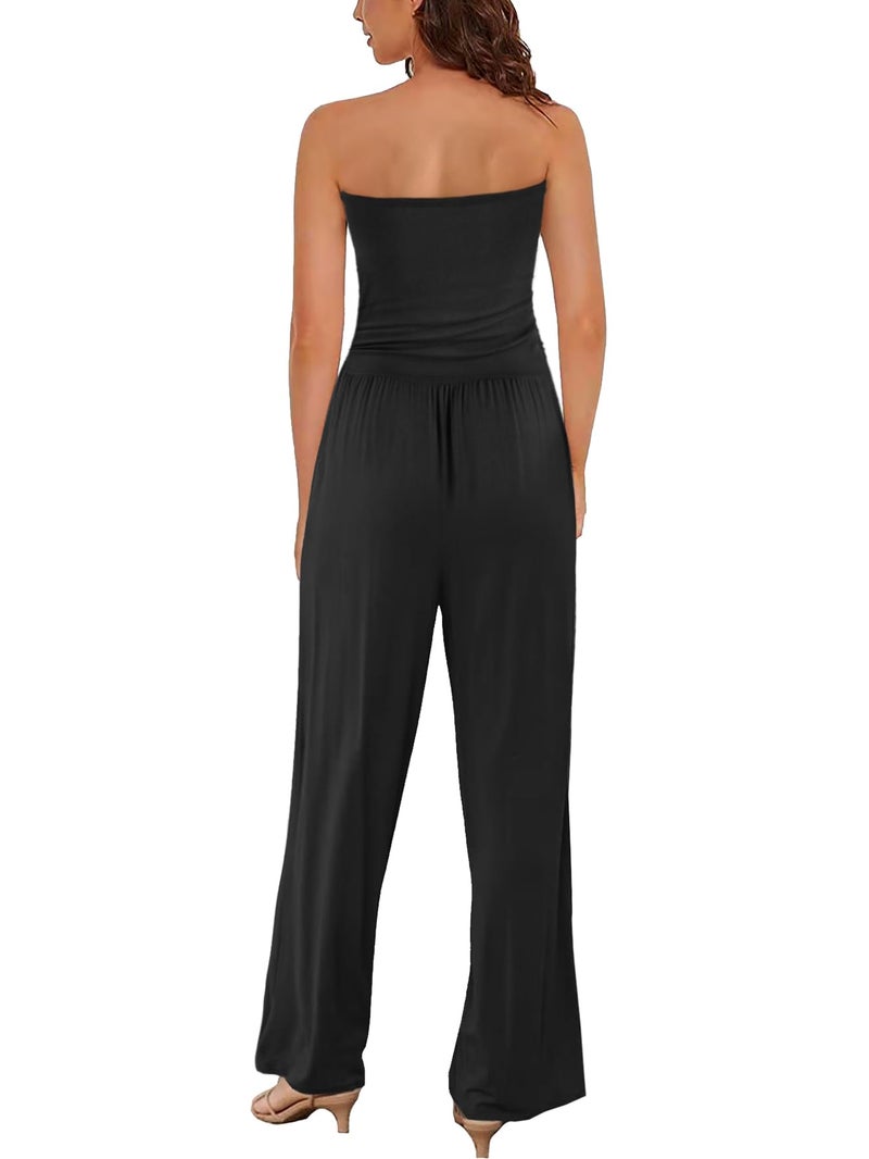 AUXDIO Women's Strapless Off Shoulder Jumpsuit Wide Leg Summer Outfits Sexy Beach Jumpsuits Black S - Image 5
