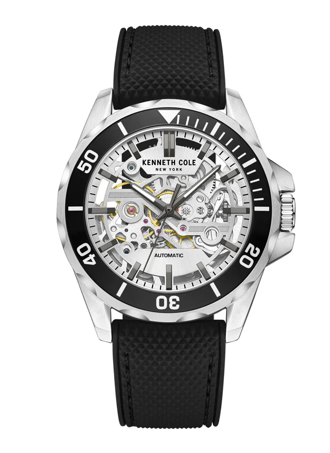 Kenneth Cole New York Kenneth Cole New York 43mm Automatic Men's Watch with Silver Dial & Black Silicone Strap