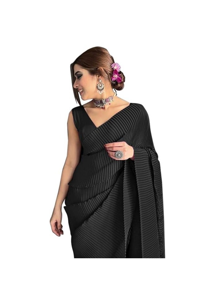 مملكة الإكسسوارات ساري نسائي من الساتان المكسر/المطوي بالكامل مع قطعة بلوزة غير مخيطة  - Image 3