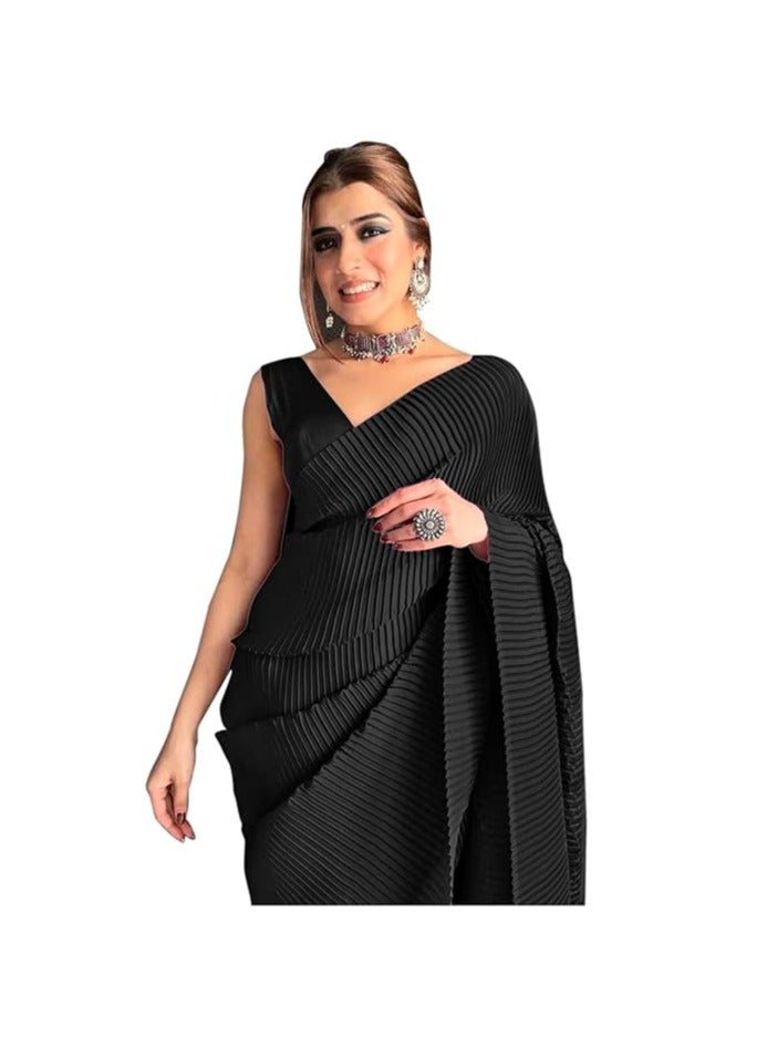 مملكة الإكسسوارات ساري نسائي من الساتان المكسر/المطوي بالكامل مع قطعة بلوزة غير مخيطة  - Image 1