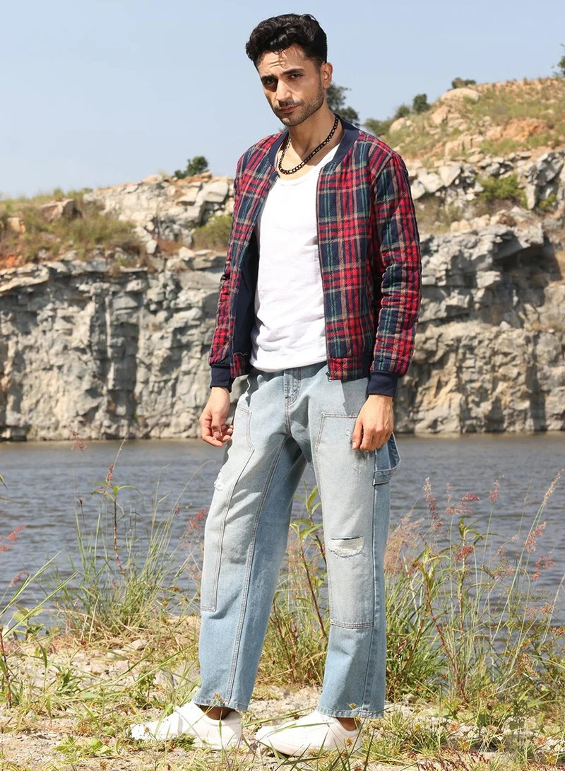 Campus Sutra Men's Crimson Red Tartan Plaid Bomber Jacket