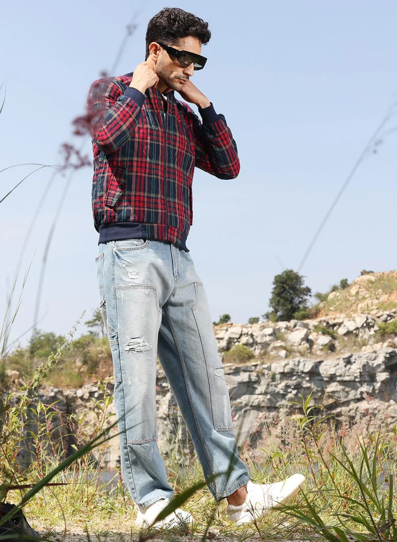 Campus Sutra Men's Crimson Red Tartan Plaid Bomber Jacket
