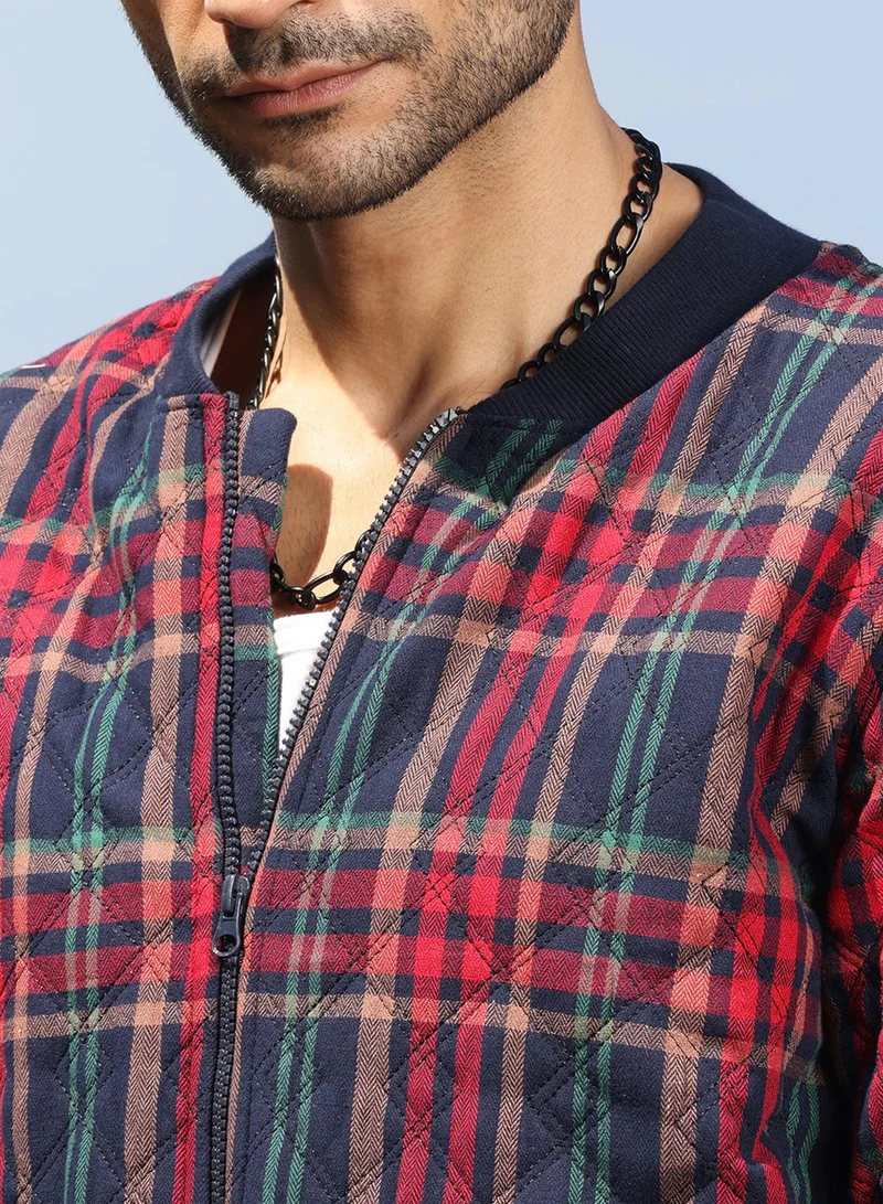 Campus Sutra Men's Crimson Red Tartan Plaid Bomber Jacket