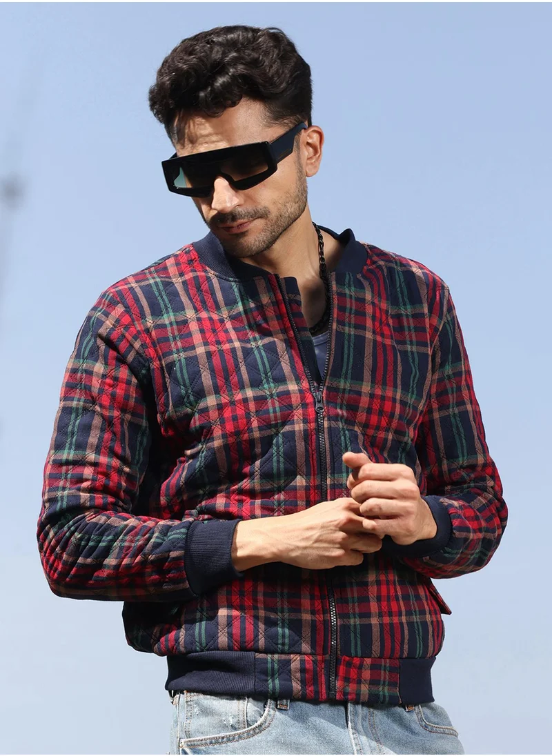 Campus Sutra Men's Crimson Red Tartan Plaid Bomber Jacket