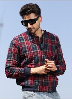 Campus Sutra Men's Crimson Red Tartan Plaid Bomber Jacket  - Image 1
