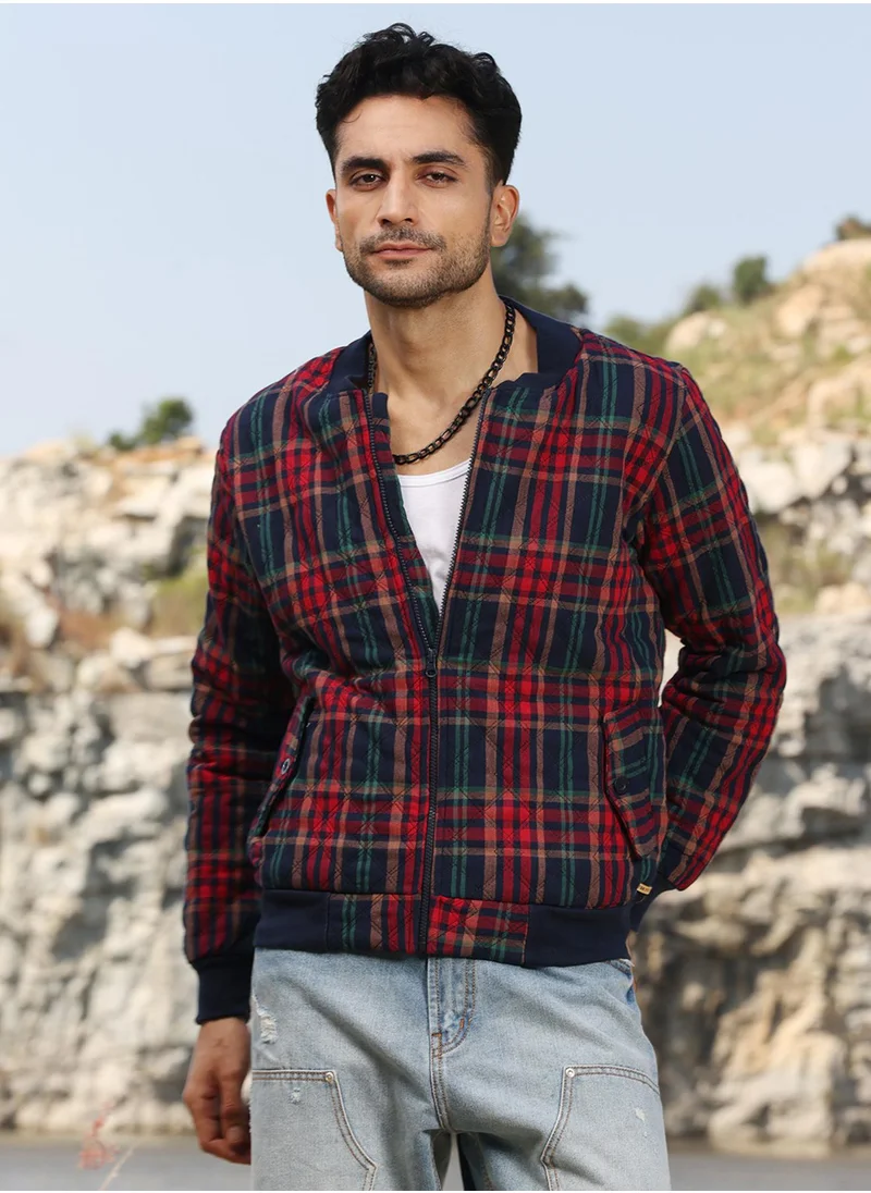 Campus Sutra Men's Crimson Red Tartan Plaid Bomber Jacket