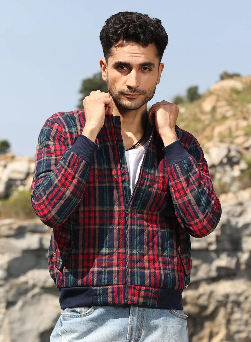 Campus Sutra Men's Crimson Red Tartan Plaid Bomber Jacket