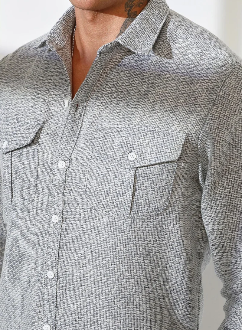 Campus Sutra Men's Ash Grey & Ivory White Basket-Weave Shirt
