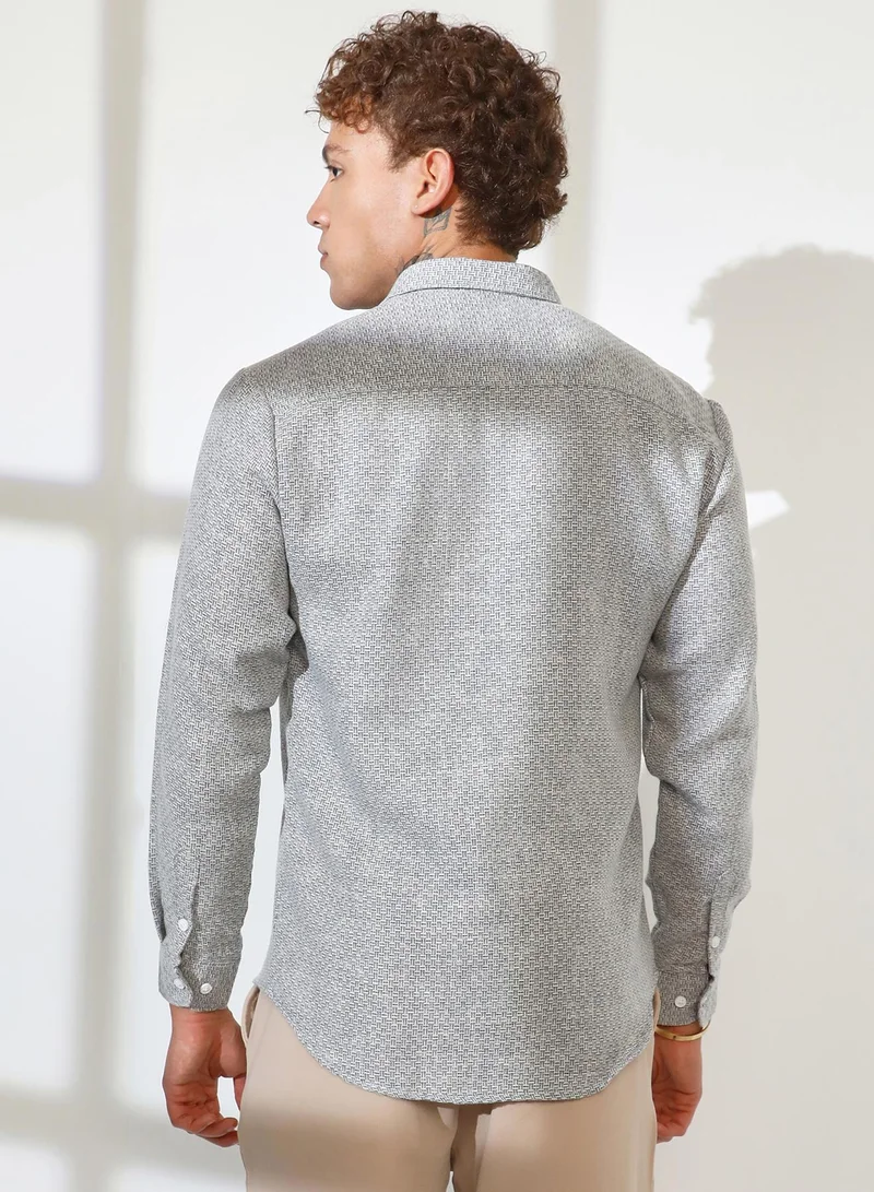 Campus Sutra Men's Ash Grey & Ivory White Basket-Weave Shirt