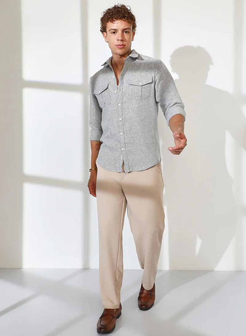 Campus Sutra Men's Ash Grey & Ivory White Basket-Weave Shirt