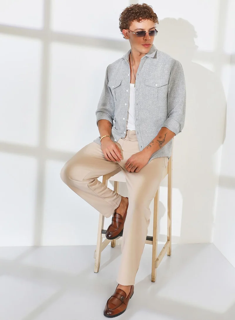 Campus Sutra Men's Ash Grey & Ivory White Basket-Weave Shirt