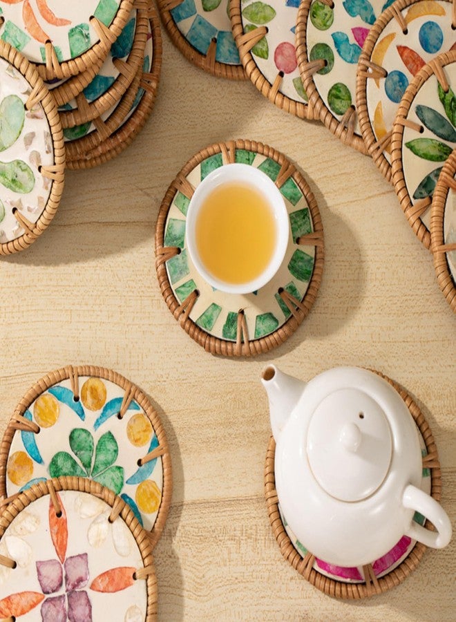 PJxtal 8pcs Colorful Shell Rattan Coasters, Unique Mosaic Insulated Tabletop Protection Pads, Handmade Boho Woven Drink Coasters, Seaside Home Decor Gift, Outdoor Patio Beachy Style Natural Tableware - Image 4