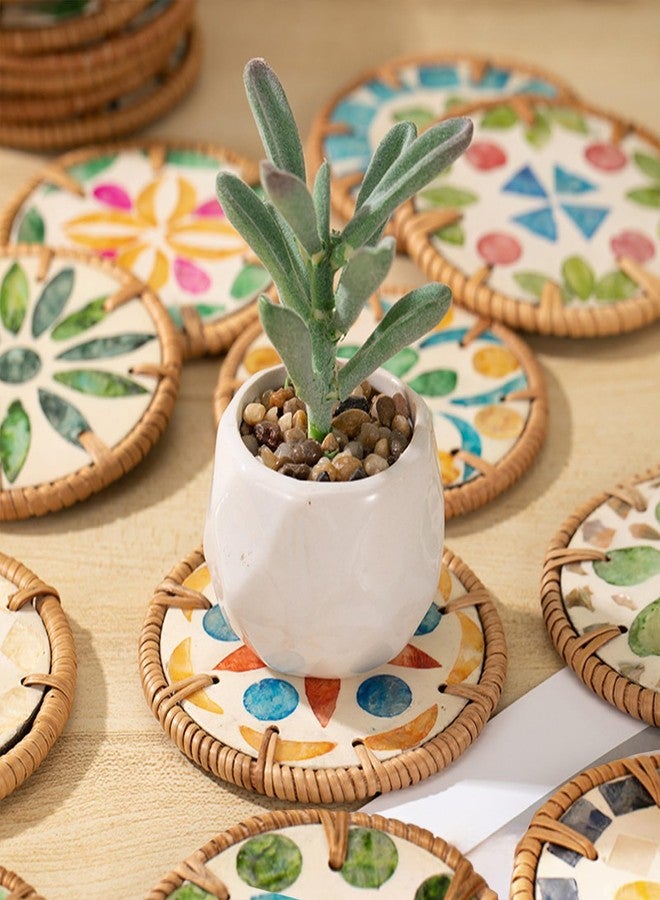 PJxtal 8pcs Colorful Shell Rattan Coasters, Unique Mosaic Insulated Tabletop Protection Pads, Handmade Boho Woven Drink Coasters, Seaside Home Decor Gift, Outdoor Patio Beachy Style Natural Tableware - Image 2