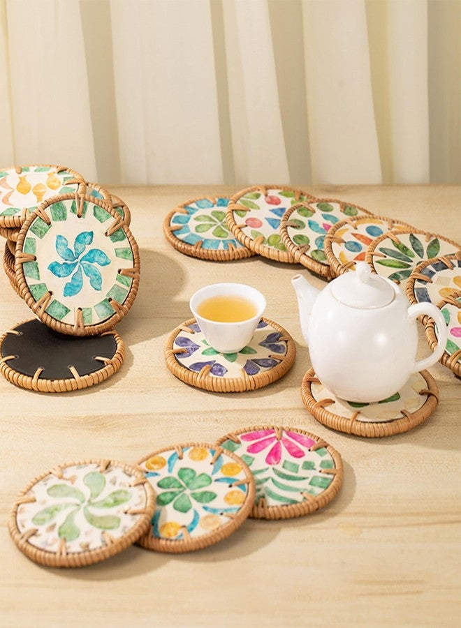 PJxtal 8pcs Colorful Shell Rattan Coasters, Unique Mosaic Insulated Tabletop Protection Pads, Handmade Boho Woven Drink Coasters, Seaside Home Decor Gift, Outdoor Patio Beachy Style Natural Tableware - Image 5