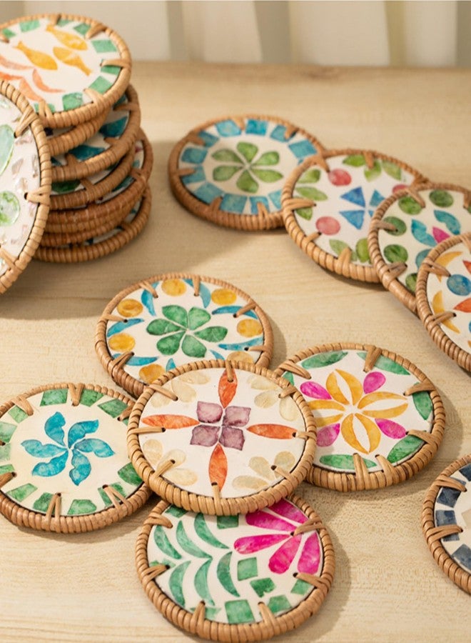 PJxtal 8pcs Colorful Shell Rattan Coasters, Unique Mosaic Insulated Tabletop Protection Pads, Handmade Boho Woven Drink Coasters, Seaside Home Decor Gift, Outdoor Patio Beachy Style Natural Tableware - Image 3