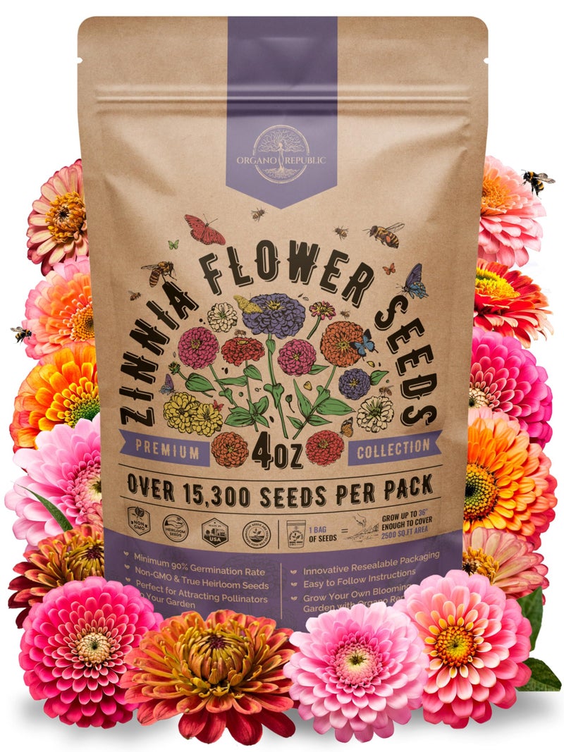 Organo Republic Zinnia Seeds Pack 4 oz - Over 15,300 Non-GMO Heirloom Zinnia Seeds for Planting, Annual Flowers in Individual Seed Packet for Planting Home Garden Indoor & Outdoor Gardening - Image 1