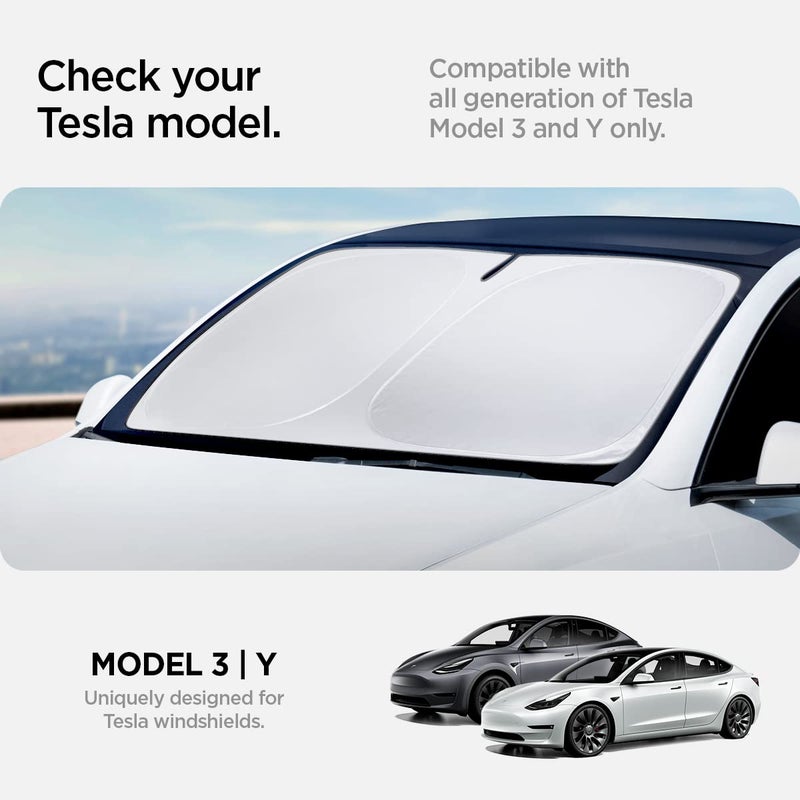 Spigen ï»¿Spigen Front Windshield Sunshade for All Tesla Model Y & 3 | Dual Layered Protection Car Accessories for Model Y Juniper and Model 3 Highland | Gift for Tesla Owner - Image 2