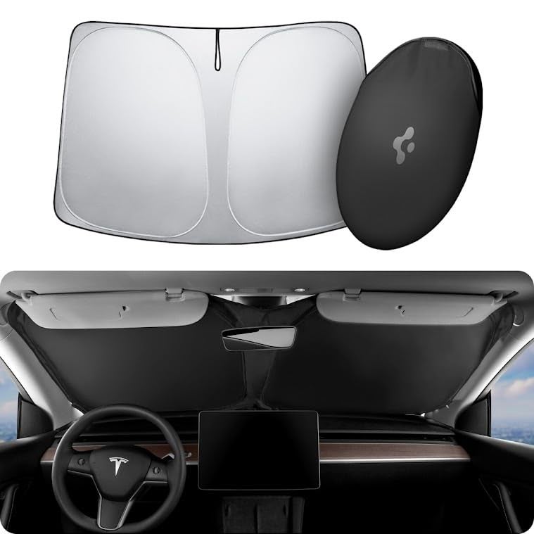 Spigen ï»¿Spigen Front Windshield Sunshade for All Tesla Model Y & 3 | Dual Layered Protection Car Accessories for Model Y Juniper and Model 3 Highland | Gift for Tesla Owner - Image 1