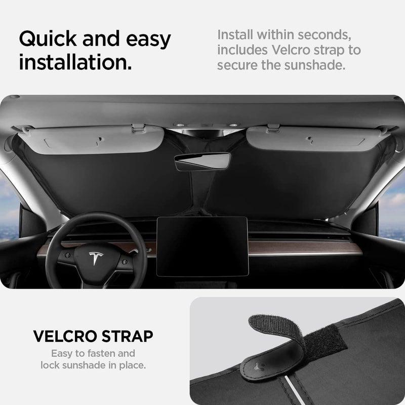 Spigen ï»¿Spigen Front Windshield Sunshade for All Tesla Model Y & 3 | Dual Layered Protection Car Accessories for Model Y Juniper and Model 3 Highland | Gift for Tesla Owner - Image 3