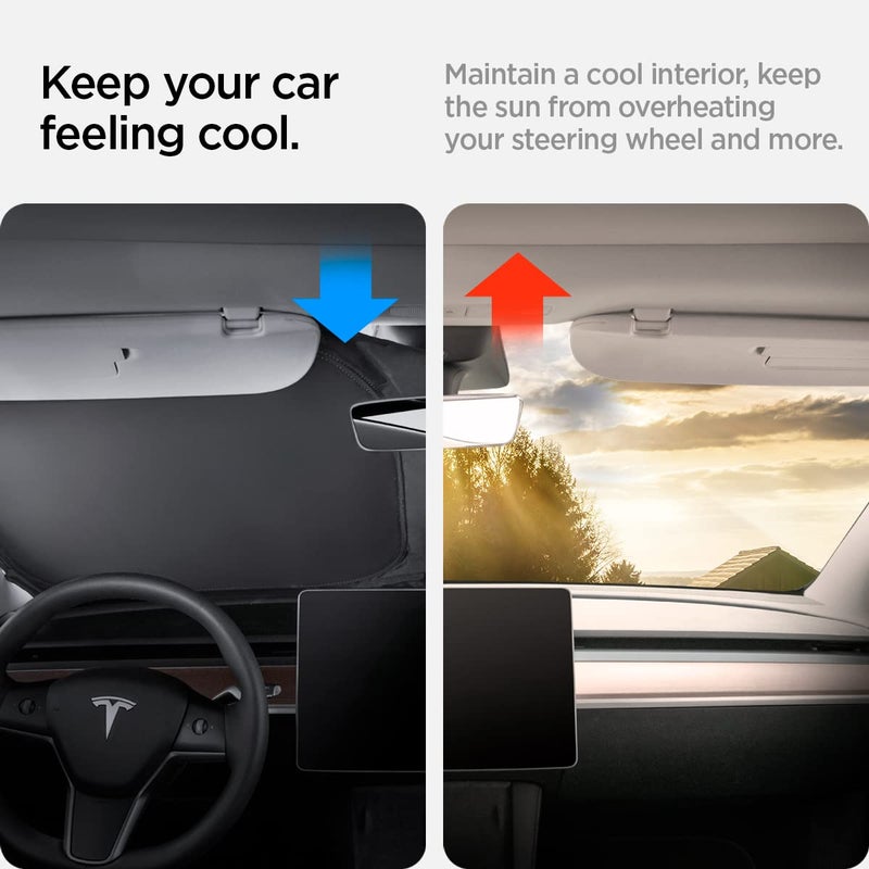Spigen ï»¿Spigen Front Windshield Sunshade for All Tesla Model Y & 3 | Dual Layered Protection Car Accessories for Model Y Juniper and Model 3 Highland | Gift for Tesla Owner - Image 4