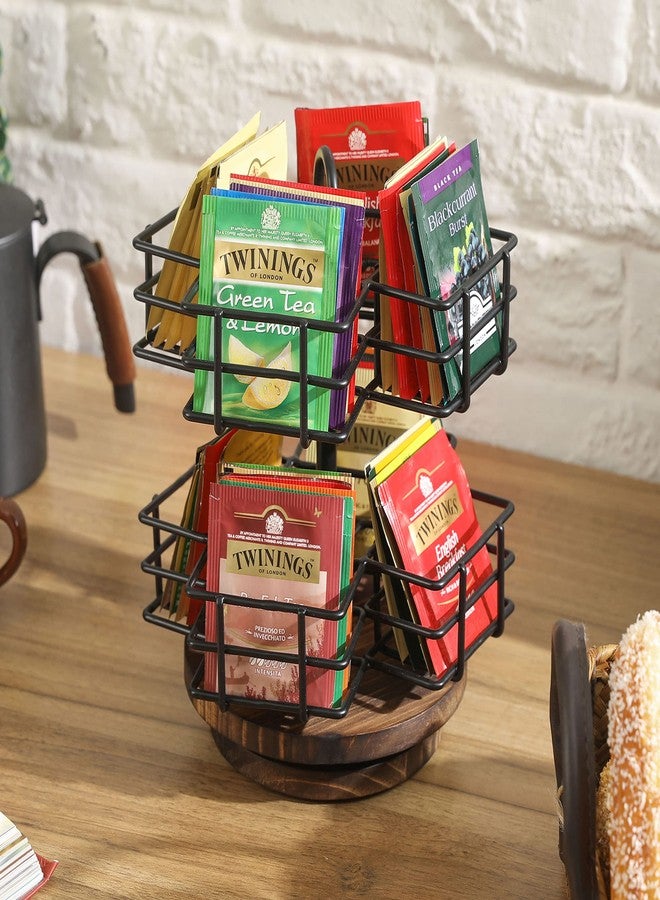 MyGift 8 Compartment Tea Bag Organizer Carousel, Black Metal Wire Packet Holder and 360 Degree Spinning Burnt Solid Wood Base, Coffee Station Storage Caddy - Image 2