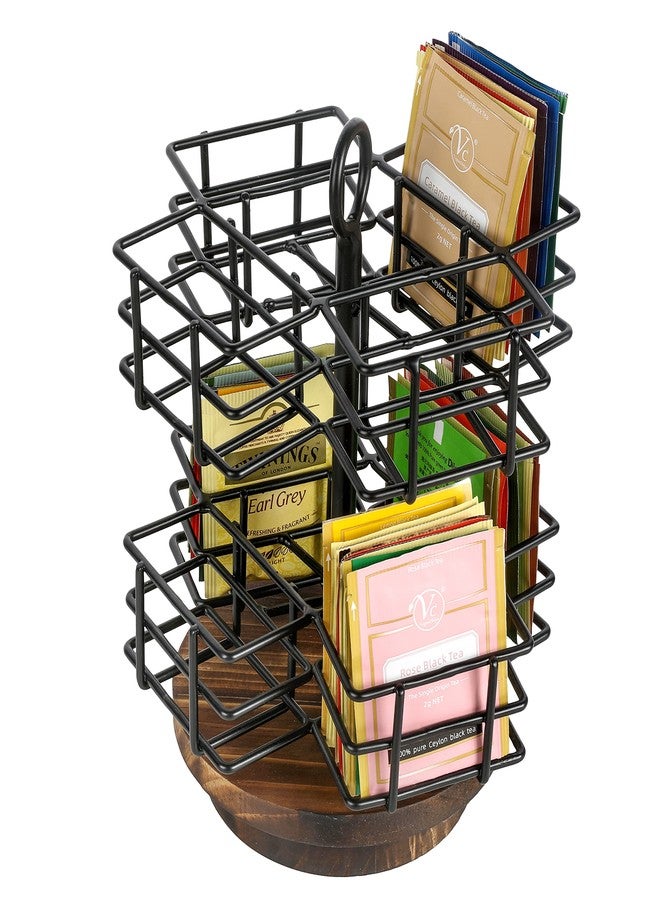 MyGift 8 Compartment Tea Bag Organizer Carousel, Black Metal Wire Packet Holder and 360 Degree Spinning Burnt Solid Wood Base, Coffee Station Storage Caddy - Image 4