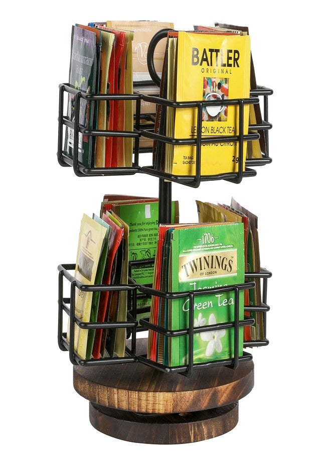 MyGift 8 Compartment Tea Bag Organizer Carousel, Black Metal Wire Packet Holder and 360 Degree Spinning Burnt Solid Wood Base, Coffee Station Storage Caddy - Image 1