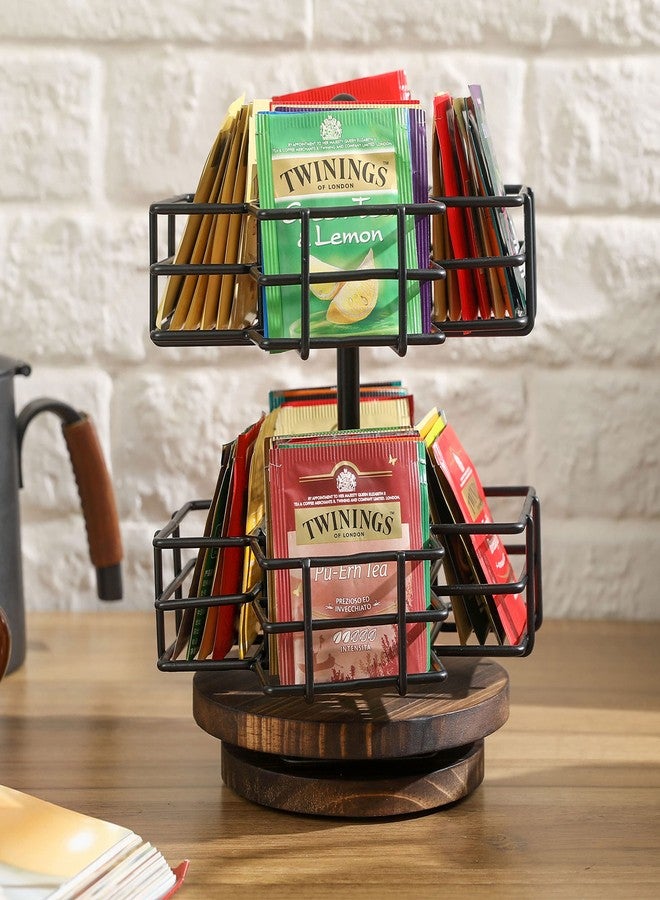MyGift 8 Compartment Tea Bag Organizer Carousel, Black Metal Wire Packet Holder and 360 Degree Spinning Burnt Solid Wood Base, Coffee Station Storage Caddy - Image 3