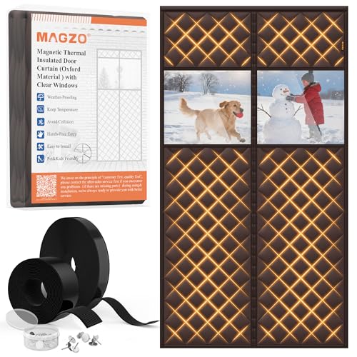 MAGZO Winter Door Curtain Cold Resistant with Perspective Window, 36" x 80", Oxford Filled with Thicken Cotton, Insulation Cover Blanket for Household/Sliding Glass/Patio Doors, Strong Magnets, Brown - Image 1
