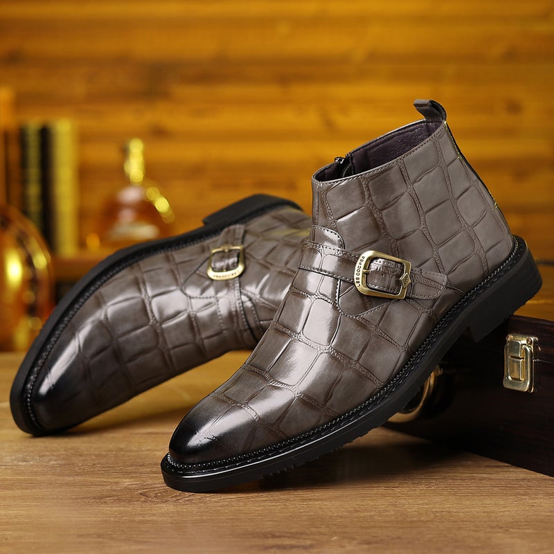 New Men'S Plaid Boots Plaid Belt Fashion Versatile Mid-Top Extra Large Leather Shoes Dropshipping - Image 1