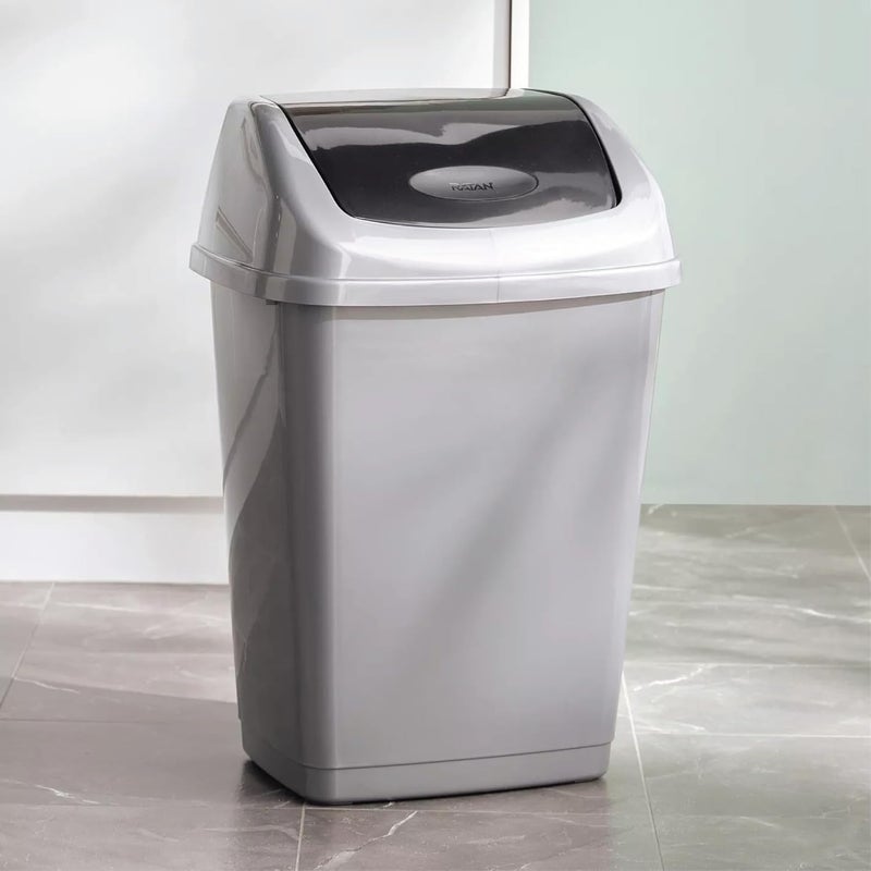 RATAN PLASTICWARE سلة قمامة بلاستيكية رتان مع غطاء متأرجح سعة 15 لتر باللون الرمادي - Image 4